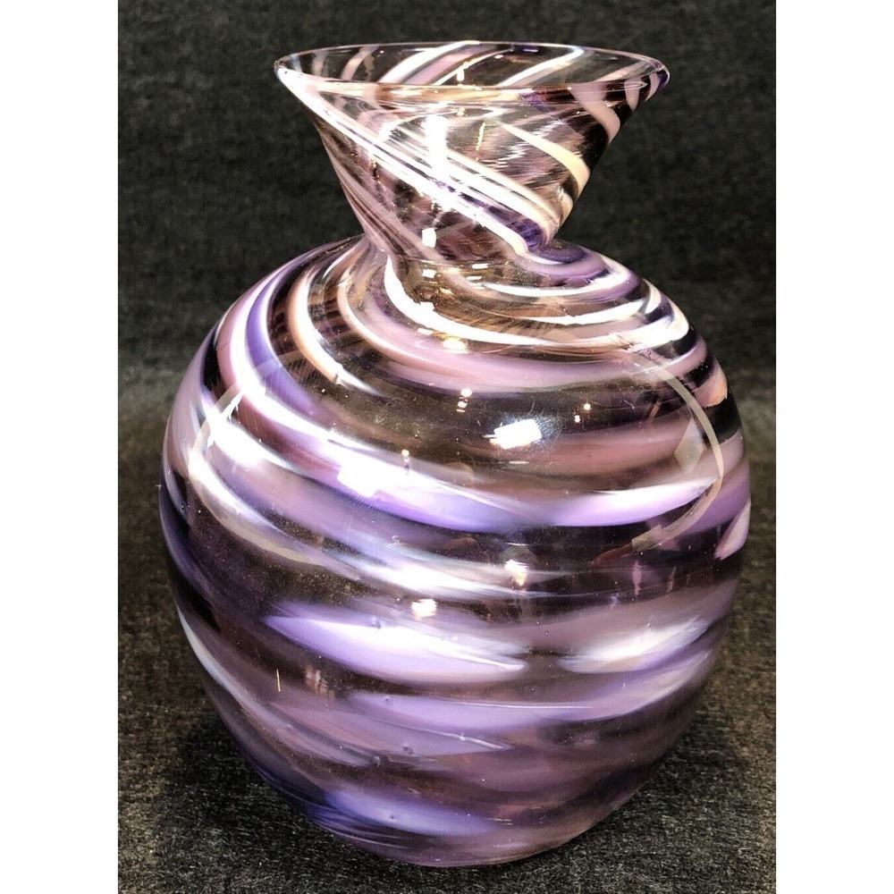 2012 Glassometry Studio Glass Vase 6” T Hand Blown Purple Swirl Hood River OR